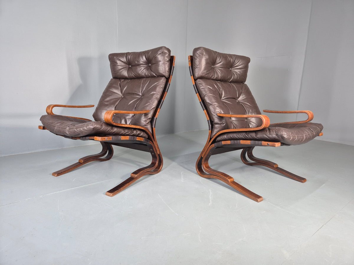 2 Vintage Skyline Leather Lounge Chairs High Back Bentwood Frame Retro EB13085