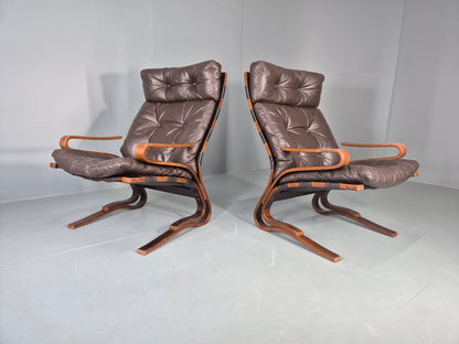 2 Vintage Skyline Leather Lounge Chairs High Back Bentwood Frame Retro EB13085