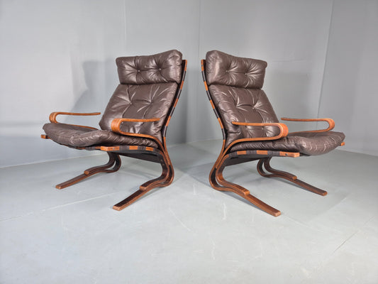 2 Vintage Skyline Leather Lounge Chairs High Back Bentwood Frame Retro EB13085