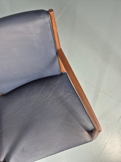 Vintage Mid Century Teak Armchair Blue Leather 1960s Retro EB11904