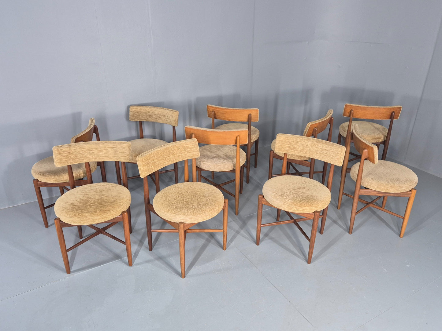 10 Vintage G Plan Dining Chairs Circle Seat Model Teak Frames Chenille EB12027