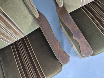 2 Vintage Danish 1970s Lounge Chairs Oak Kjaernulf Arms Green Stripe EB12686