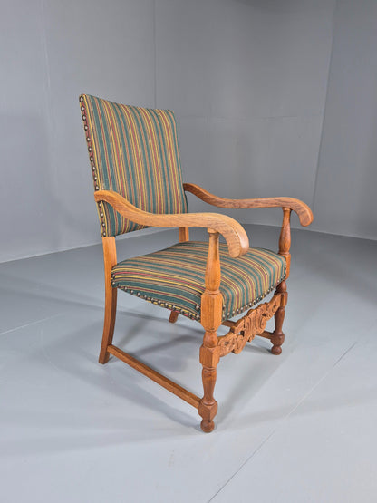 Vintage Danish Baroque Style Arm Chair Oak and Striped Wool 1960s  EB12460