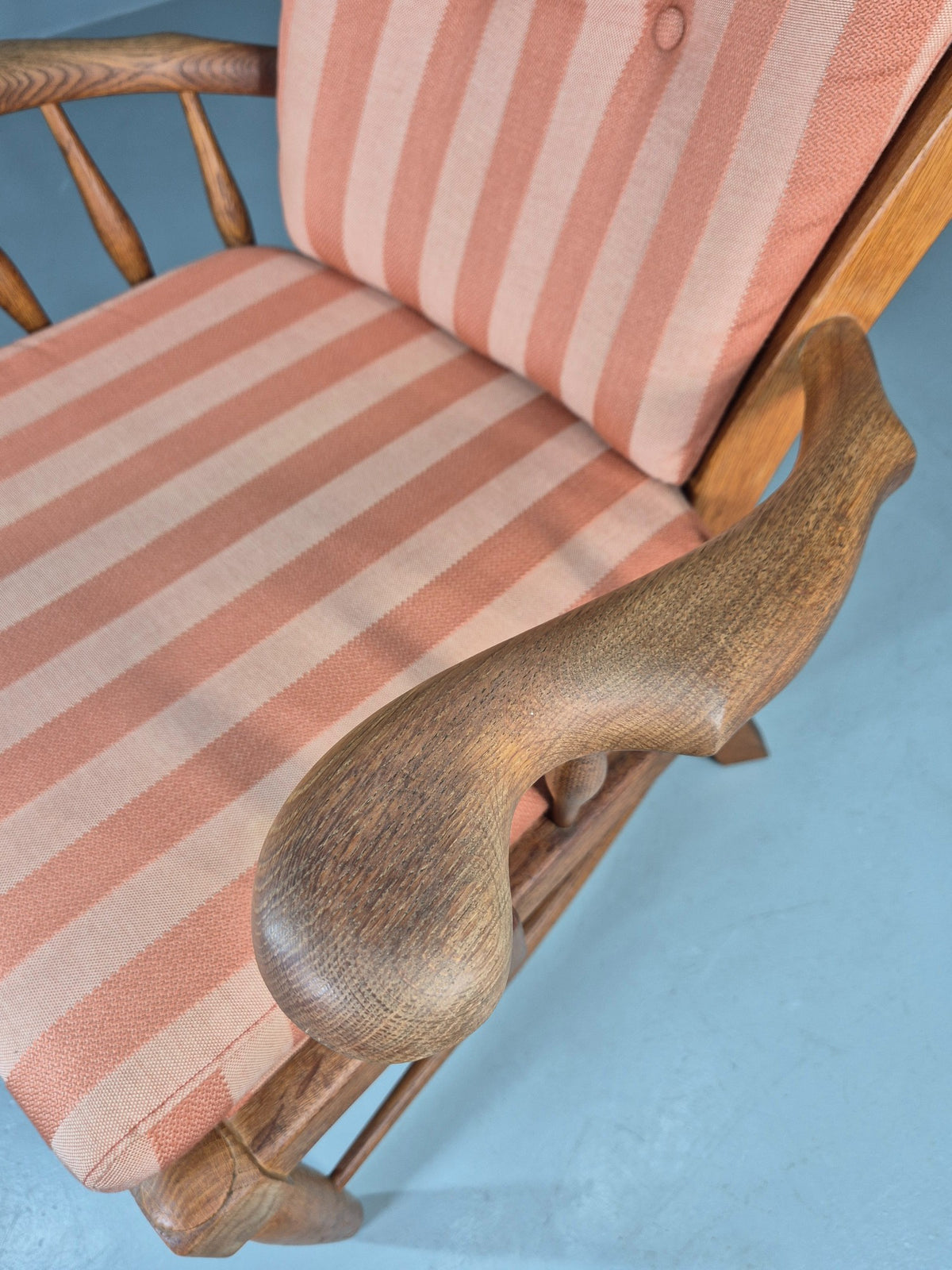 Vintage Danish Oak Lounge Chair 1950s Cottage Style Pink Striped Cotton EB12708