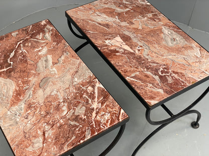 Vintage Wrought Iron Marble Side Tables Italian Breccia Pernice 1950s EB12301