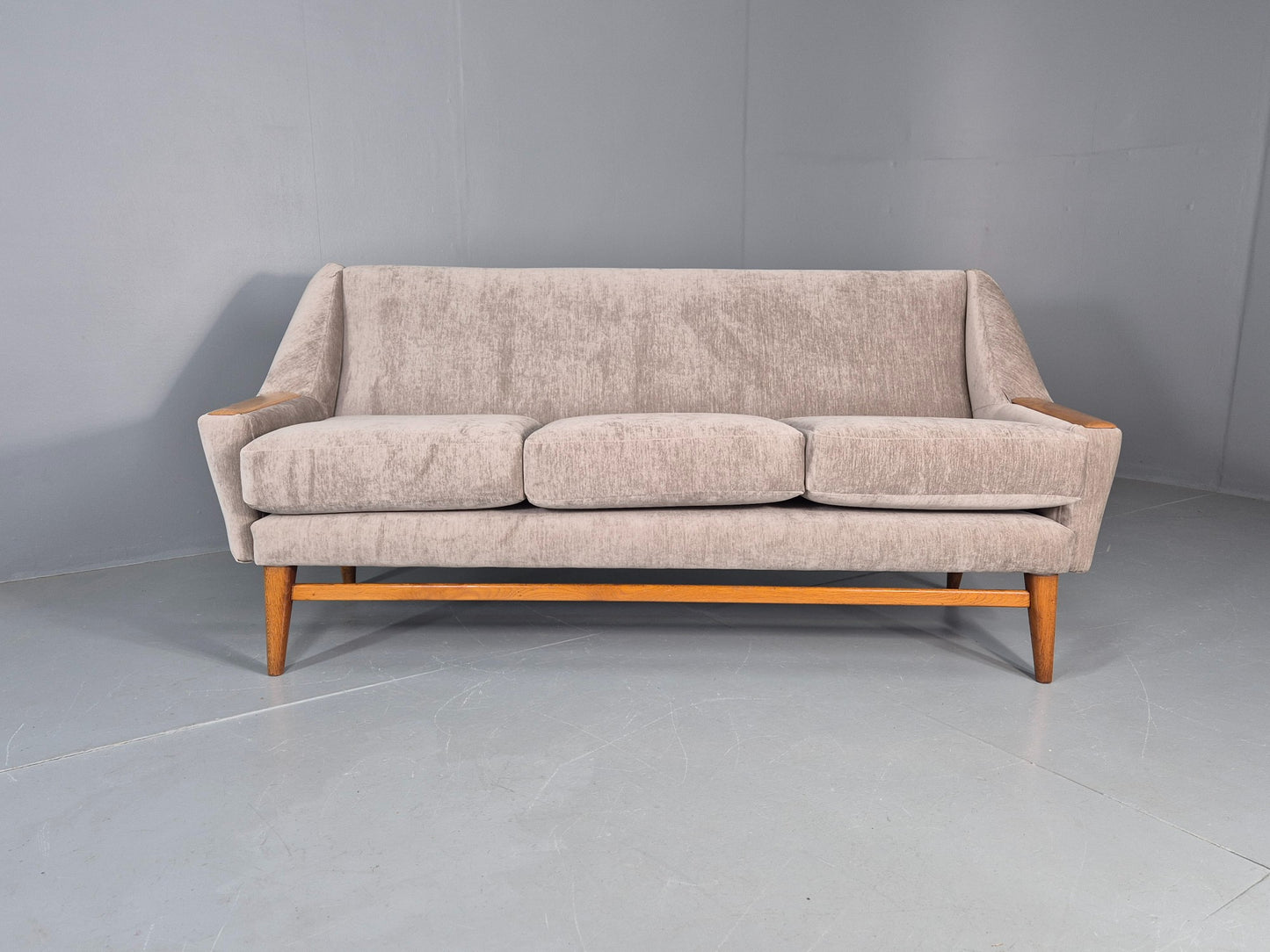 Vintage 3 Seater Danish Mid Century Sofa Oak Frame Paws New Upholstery EB11125
