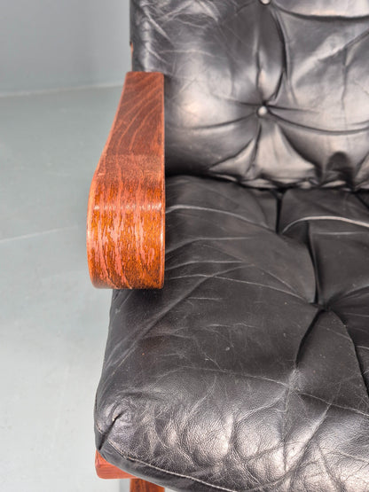 Vintage Mid Century Lounge Chair Black leather Skyline Model 1970s Retro EB12126