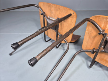 2 Vintage Danish Stacking Chairs Mid Century Industrial Teak Plywood EB13025