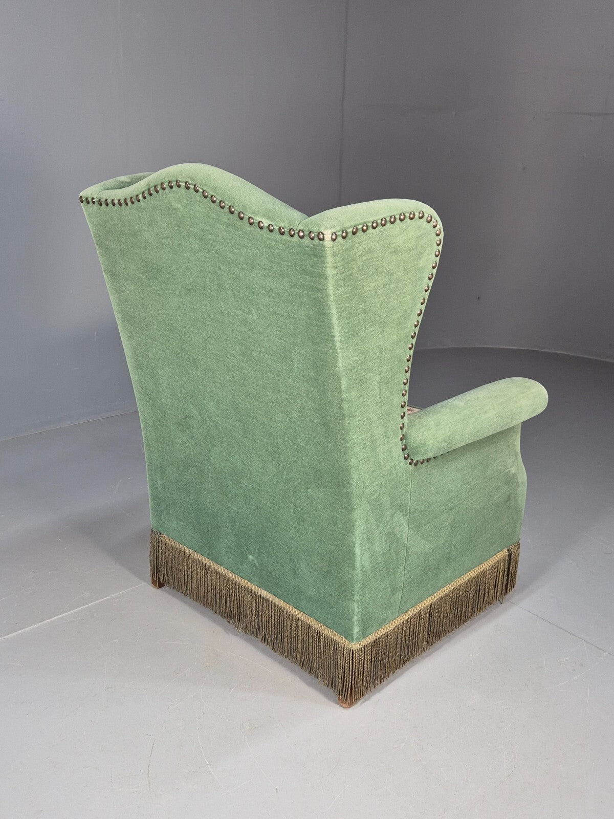 Vintage Danish Wingback Lounge Chair Green and Cream Floral Tassels EB9610 VCLO