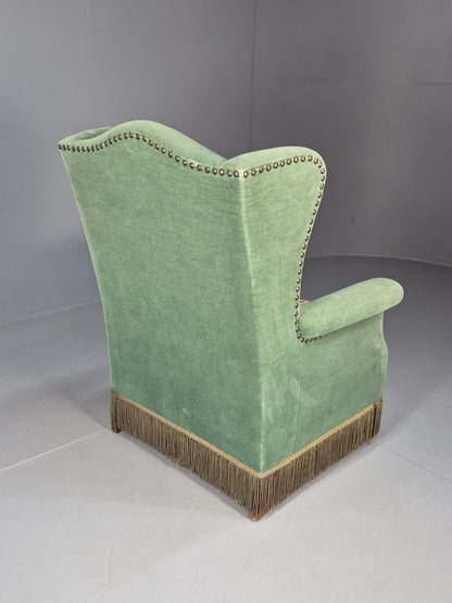 Vintage Danish Wingback Lounge Chair Green and Cream Floral Tassels EB9610 VCLO