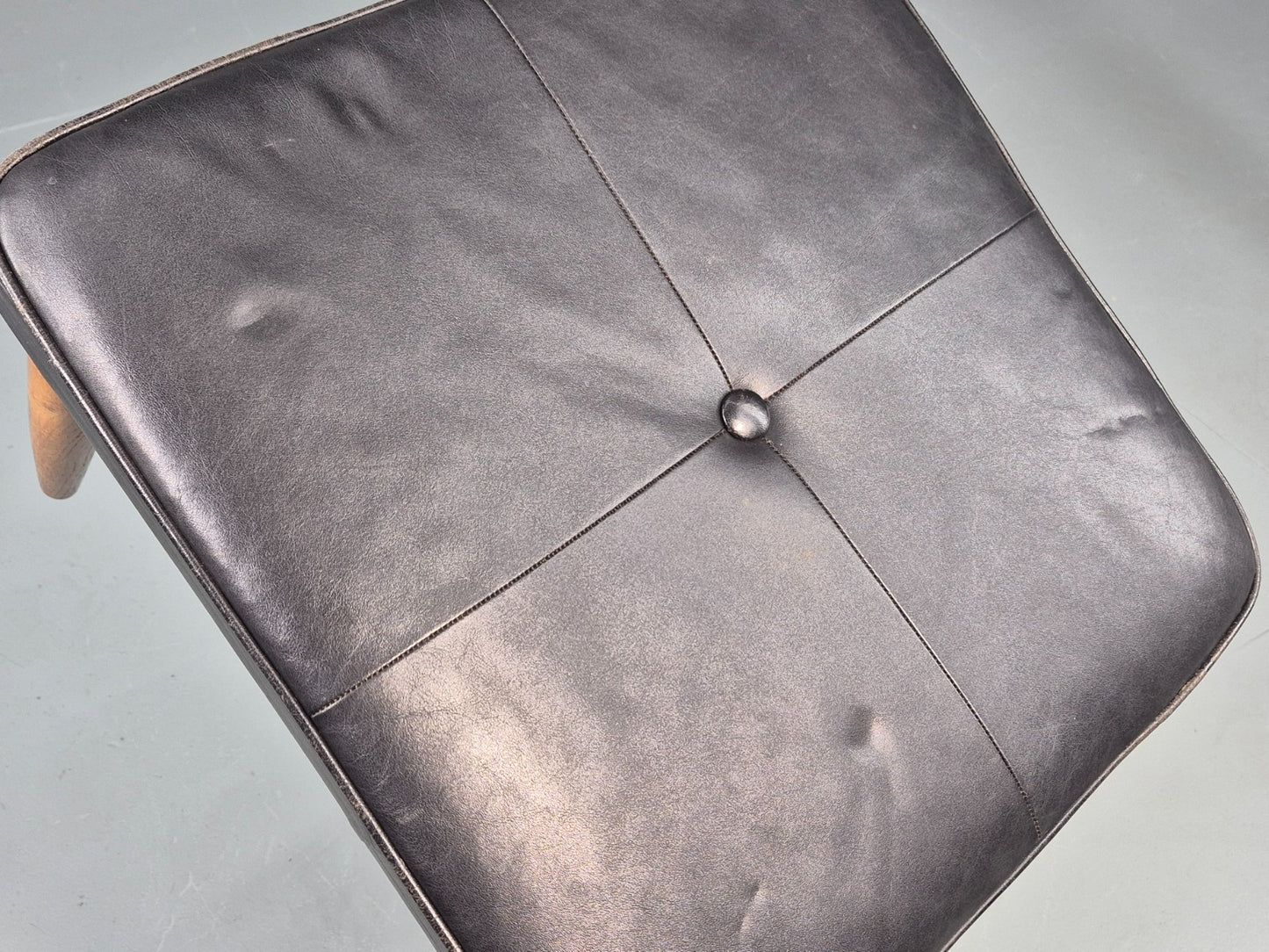Vintage Mid Century Footstool Danish Black Leather Teak Legs 1960s Retro EB12097