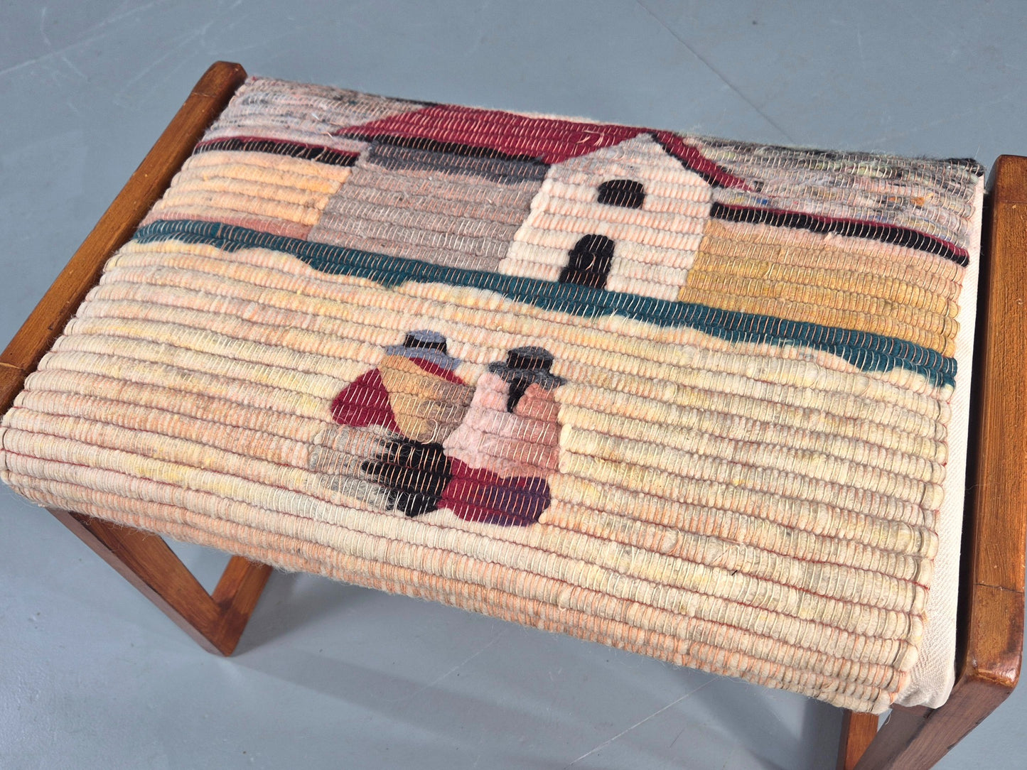 Vintage Mid Century Foot Stool Folk Art Wool Upholstery 1960s EB12006