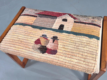 Vintage Mid Century Foot Stool Folk Art Wool Upholstery 1960s EB12006