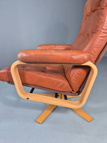 Vintage Danish Lounge Chair Tan Leather swivel and Recline 1970s Retro EB13092