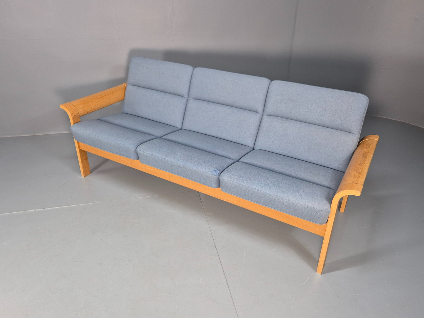 Vintage Danish Magnus Olesen Sofa Oak and Blue Wool 1970s EB9377 M3SS