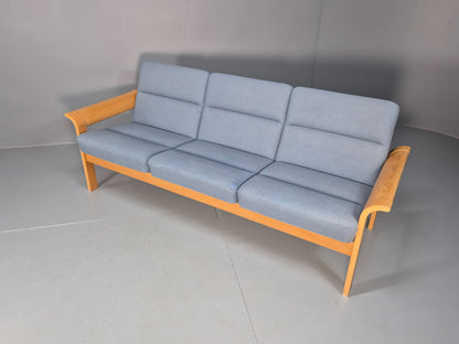 Vintage Danish Magnus Olesen Sofa Oak and Blue Wool 1970s EB9377 M3SS