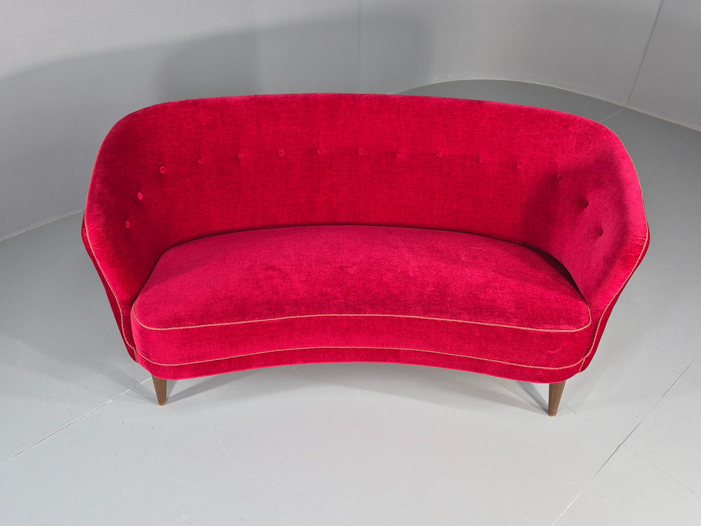 Vintage Danish Banana Sofa 3 Seater Red Velvet Velour 1950s Classic MCM EB12399