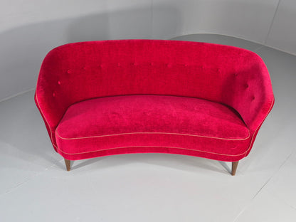 Vintage Danish Banana Sofa 3 Seater Red Velvet Velour 1950s Classic MCM EB12399