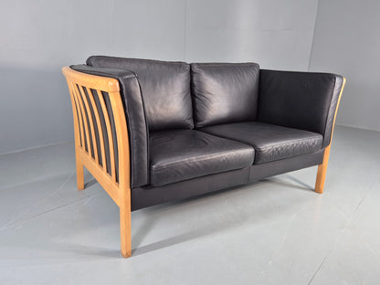 Vintage Stouby 2 Seater Sofa Beech Ends Black Leather 1990s Retro EB12421