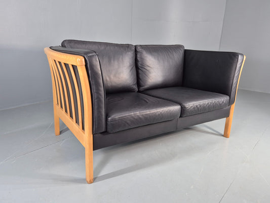 Vintage Stouby 2 Seater Sofa Beech Ends Black Leather 1990s Retro EB12421