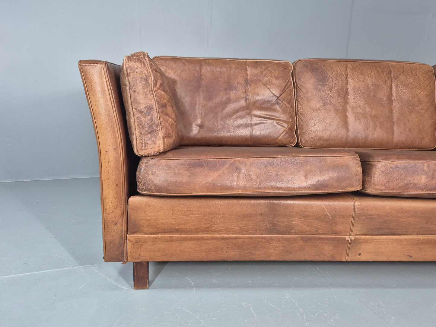 Vintage 3 seater sofa Danish Brown Leather 1970s Mid Century Retro EB10498