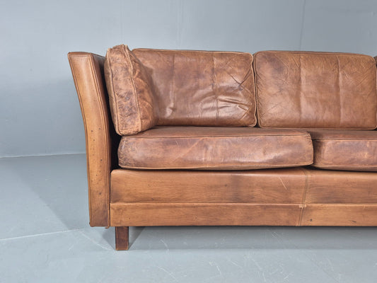 Vintage 3 seater sofa Danish Brown Leather 1970s Mid Century Retro EB10498