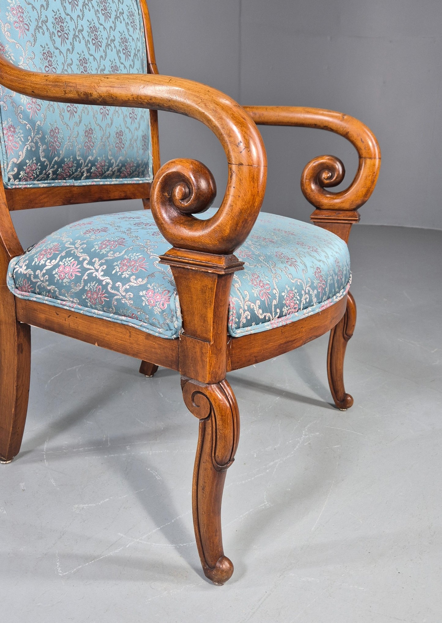 Antique Mahogany Arm Chair Louis Phillipe Style Floral Damask EB12858