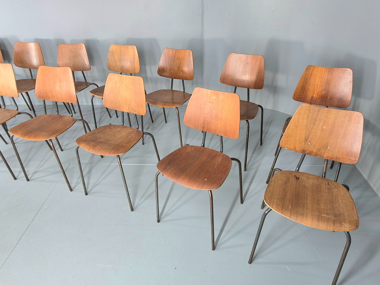 12 Vintage Danish Stacking Industrial Chairs Teak and Steel 1960s Retro EB12402
