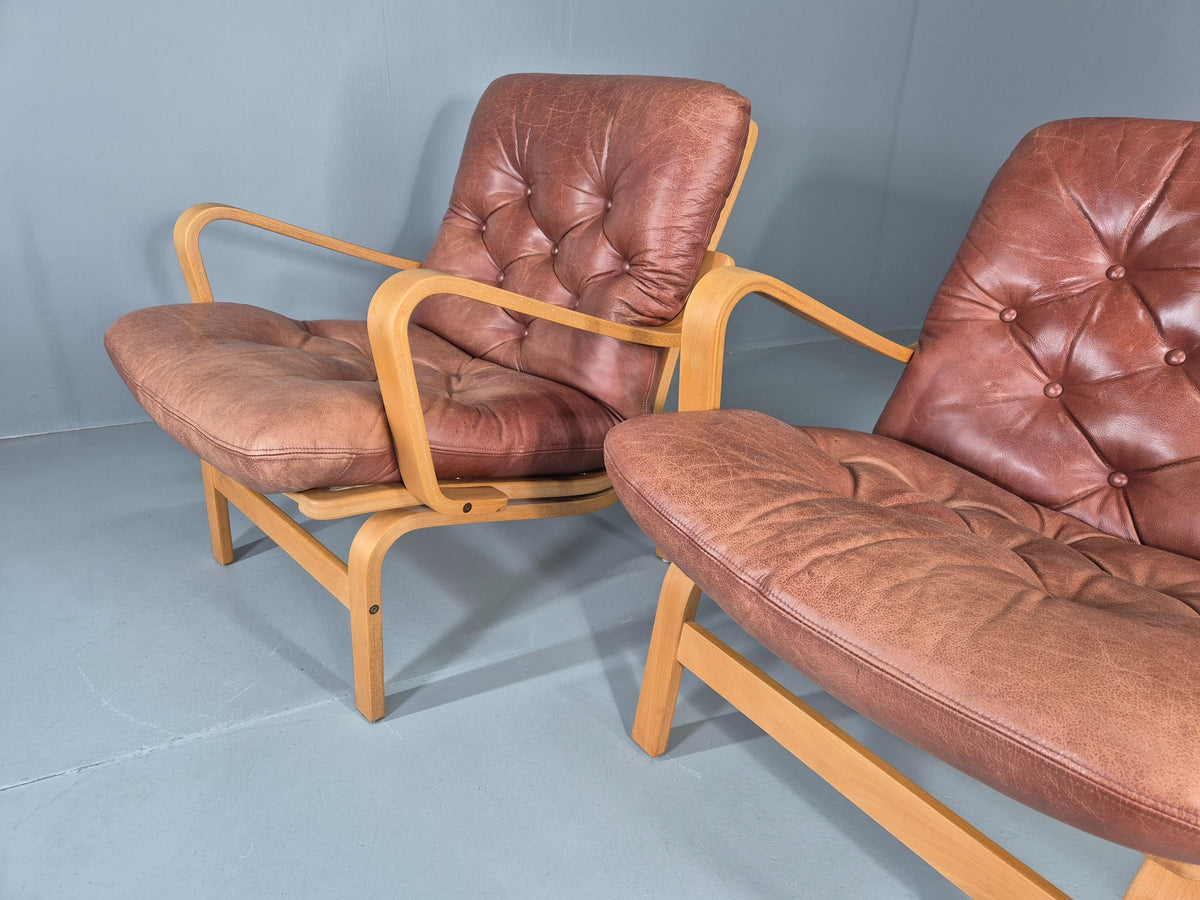 2 Vintage Swedese Leather Bentwood Lounge Chairs Design Yngve Ekstrom  EB13089