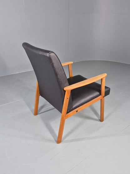 Vintage Teak Mid Century Lounge Chair 1960s Retro Black Vinyl  EB12690