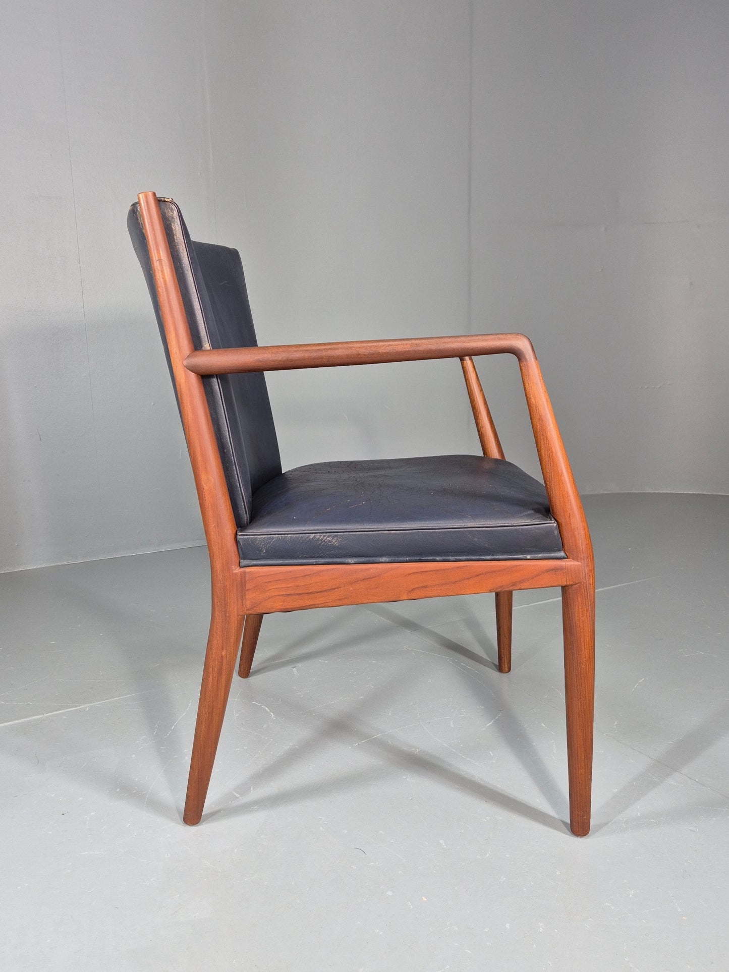 Vintage Mid Century Teak Armchair Blue Leather 1960s Retro EB11901
