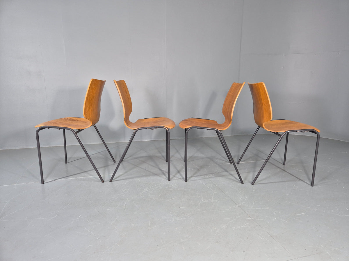 4 Vintage Stacking Chairs Industrial Danish Design Bent Ply Retro MCM EB12660