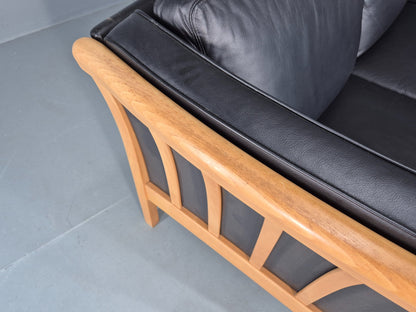 Vintage Stouby 2 Seater Sofa Beech Ends Black Leather 1990s Retro EB12421