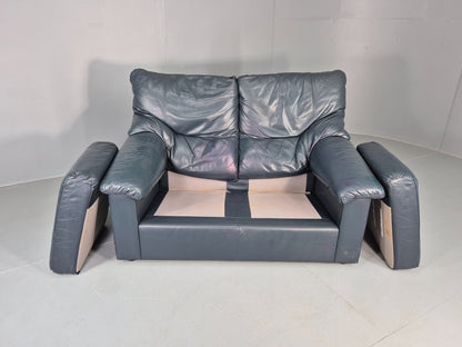 Vintage 2 Seater Leather Settee 1980s Style Dark Green Retro EB12784