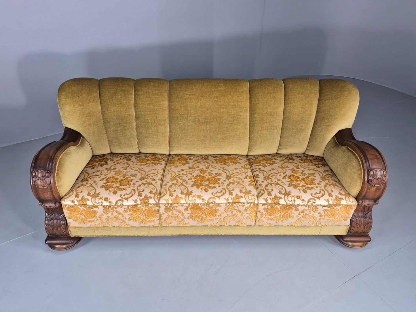 Vintage Danish 3 Seater Sofa 1940s Craved Oak Frame Shell Back Art Deco 12836