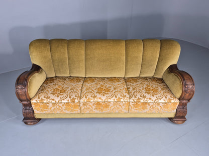 Vintage Danish 3 Seater Sofa 1940s Craved Oak Frame Shell Back Art Deco 12836