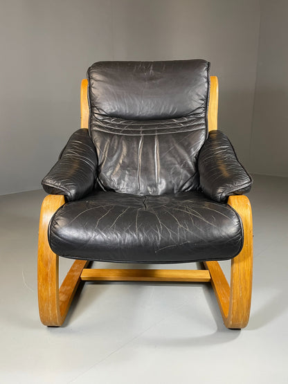 Vintage 70s Retro Lounge Chair Danish Black Leather Bentwood MCM EB06223