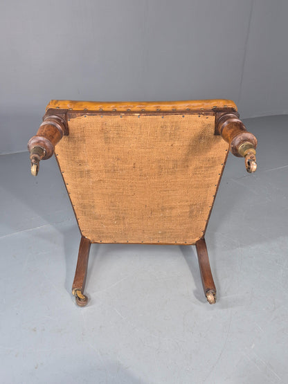 Antique Library Chair Deep Buttoned Tan Leather Oak Frame 1900s EB11657