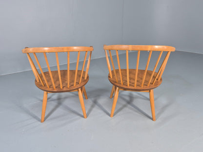 2 Ercol Cowhorn Elbow Chairs Blonde Wood 1960s Short Legged Retro MCM EB12459