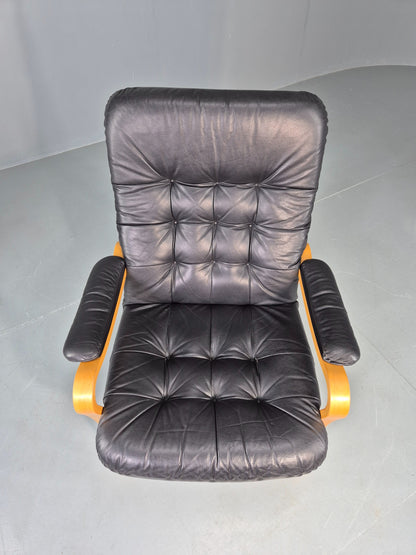 Vintage Danish Leather and Vinyl Lounge Chair Bent Wood Frame 80s Retro EB13076