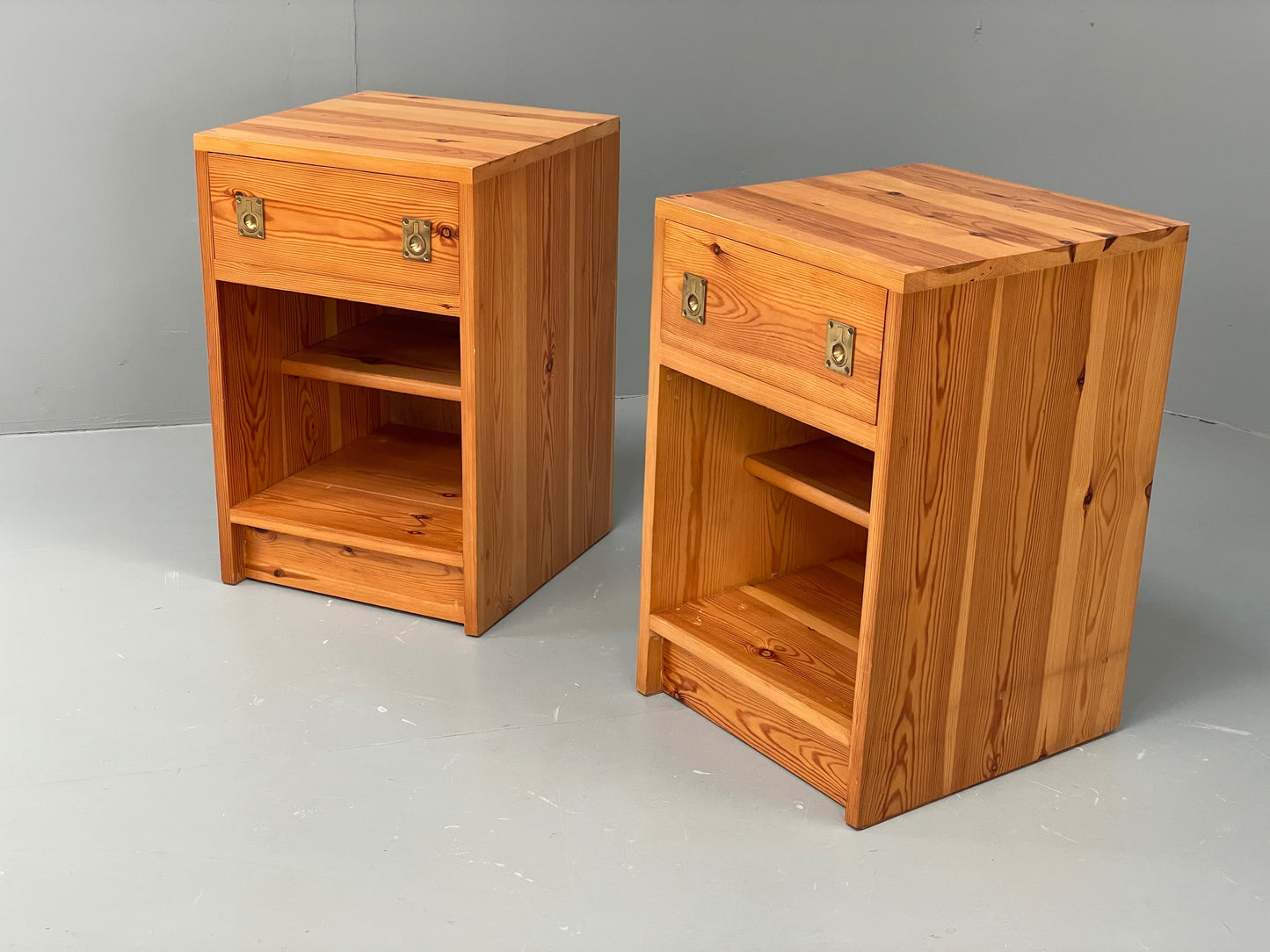 Vintage Pine Bedside Cabinets Pair 1970s Retro Drawers Brass Handle EB12904