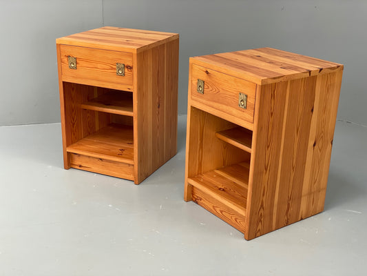 Vintage Pine Bedside Cabinets Pair 1970s Retro Drawers Brass Handle EB12904