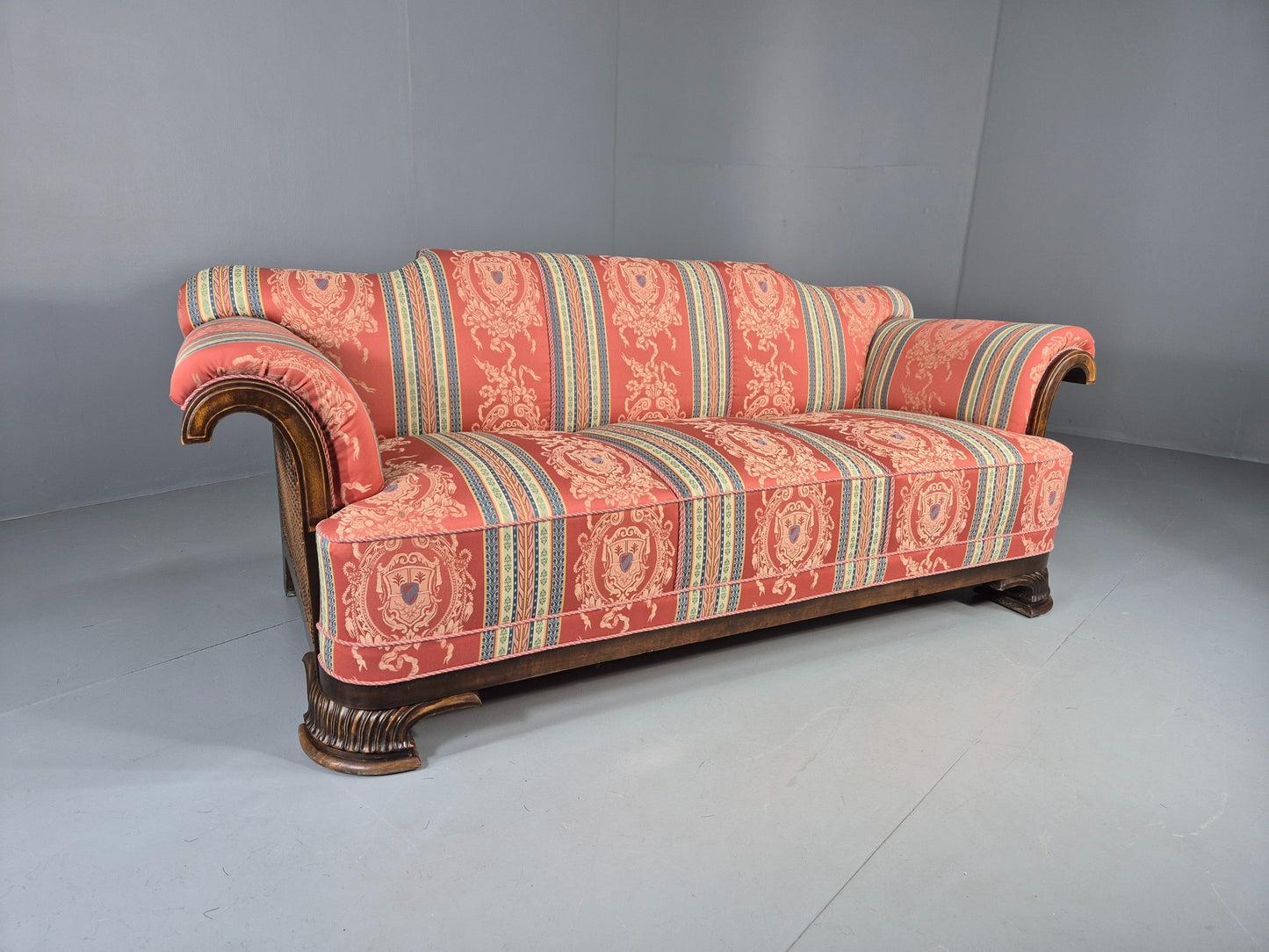 Vintage 3 Seater Sofa Art Deco Bergere Walnut Frame Cotton Colourful EB12734