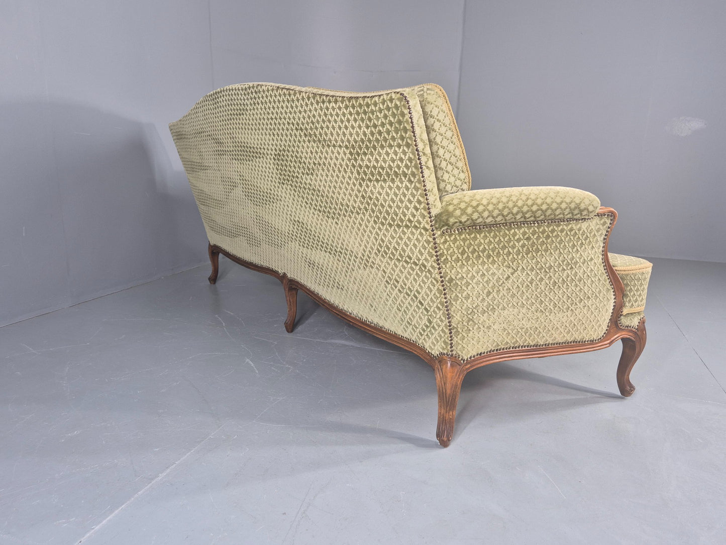 Vintage 3 Seater Sofa  Danish Rococo Style Carved Wood Green Velour  EB12705