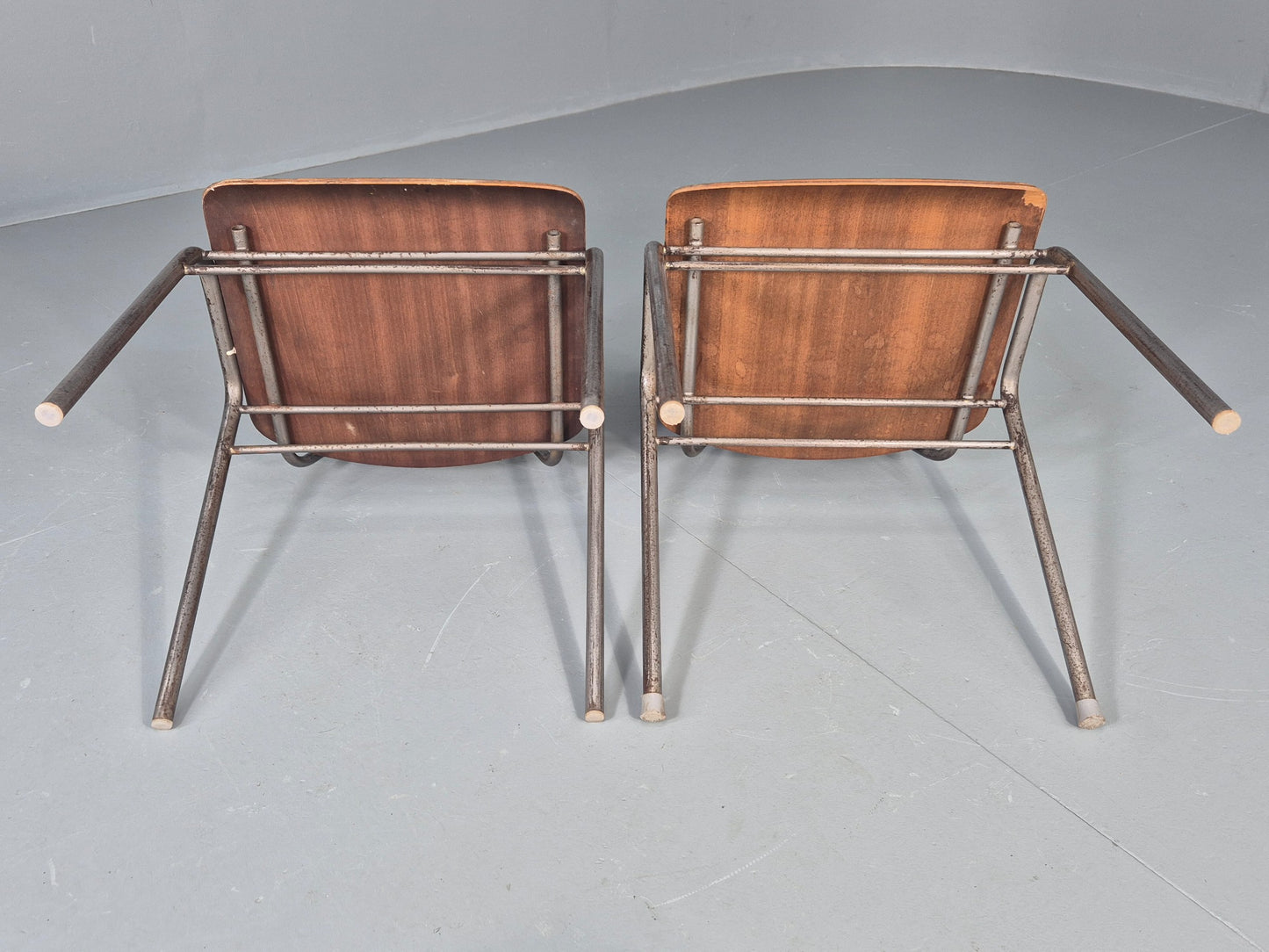 2 Vintage Danish Stacking Industrial Chairs Teak Ply and Steel 1960s  EB12401