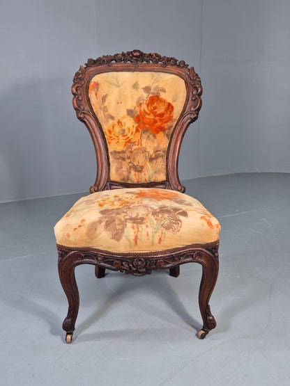 Antique Mahogany Baloon Back Armless Chair Floral Cotton Upholstery EB12793