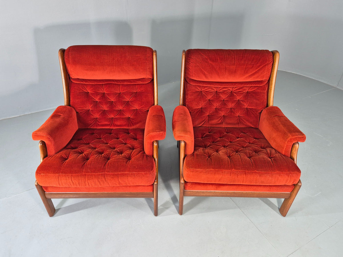 2 Vintage Guy Rogers Lounge Chairs 1970s Mahogany Frame Retro MCM Eb13056