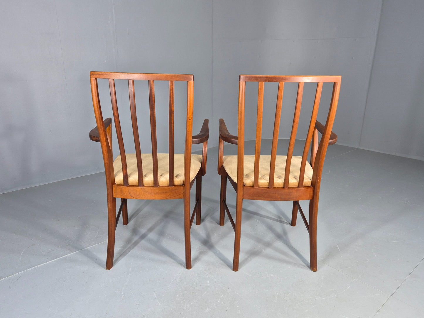 2 Vintage McIntosh Carver Dining Chairs Teak Frames Gold Velour Seats EB12181