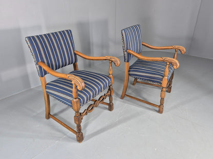 2 Vintage Danish Baroque Style Oak 1950s Elbow Chairs Blue Wool Stripe EB12647