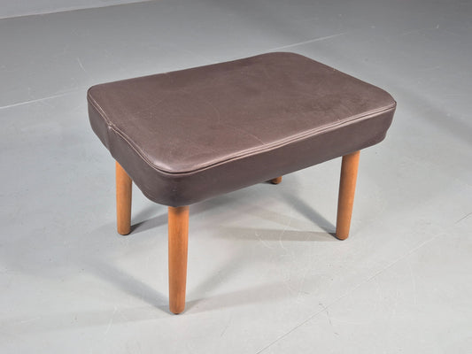 Vintage Danish Mid Century Footstool Brown Vinyl Beech Legs 1960s Retro EB12096